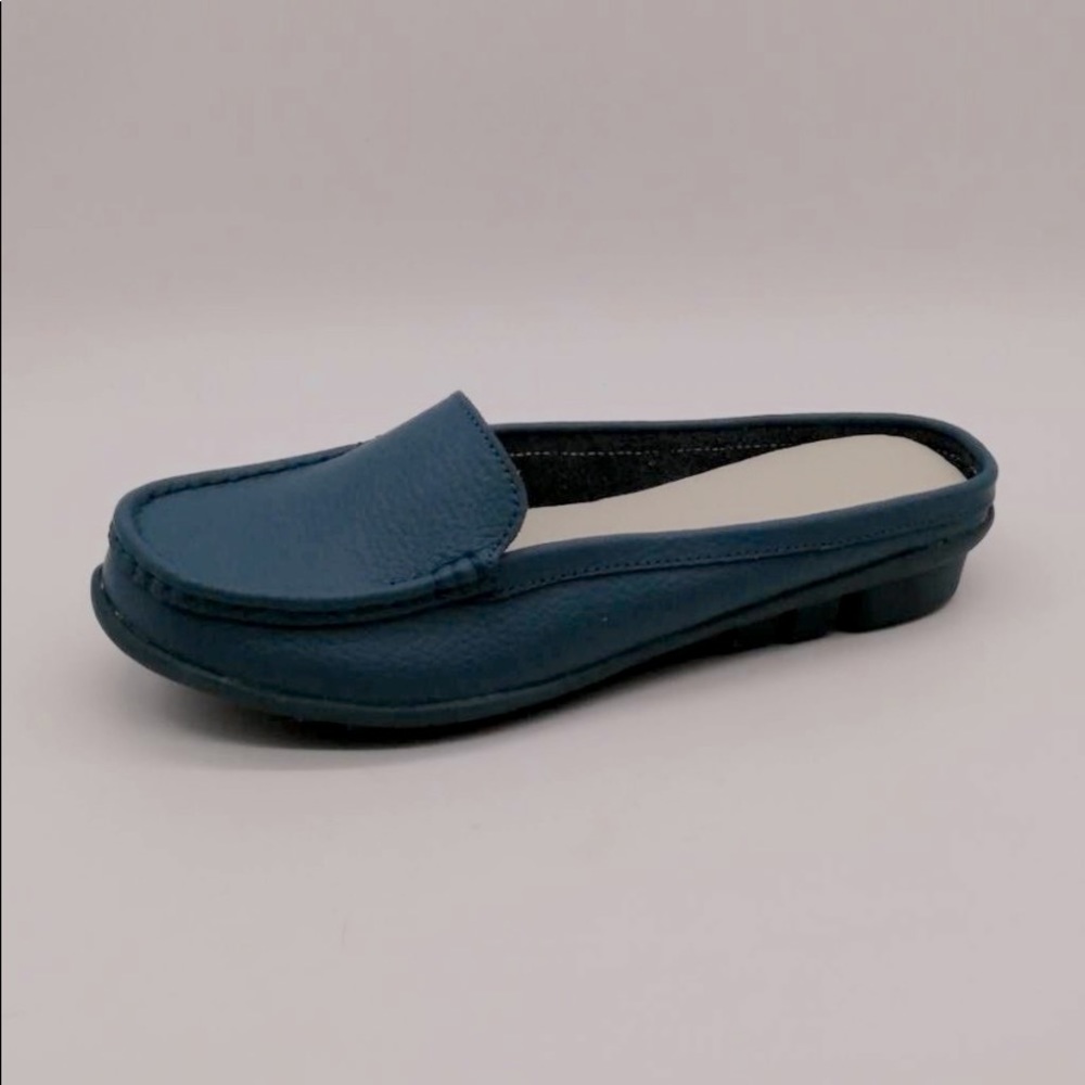 Chinese Laundry Womens Mule Flat Shoes Blue Leather Navy Stitch Accent 11 M New